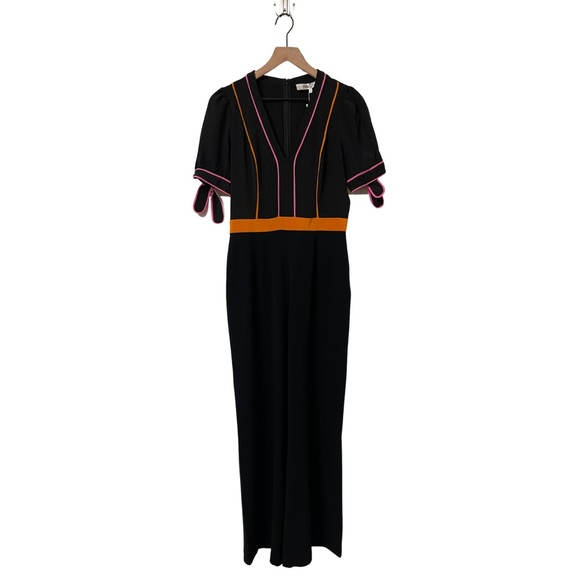 Diane Von Furstenberg Olga Black Pink Orange Silk Blend Flare Jumpsuit Size 14 - Picture 2 of 8